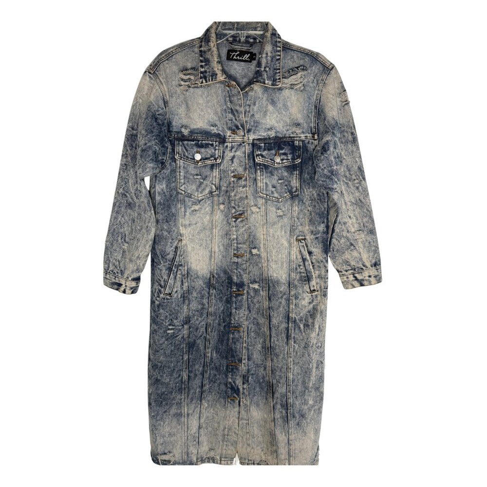 Thrill Long Denim Coat/Dress - Light Wash Distressed, Size S, Great Condition